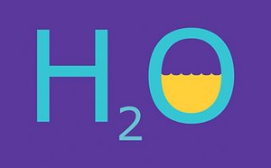 紫色背景上有鲜艳的青色H2O标志，字母“O”半装黄色液体。