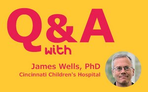 黄色背景配标题："与辛辛那提儿童医院詹姆斯·威尔斯博士的问答"，右下角配有詹姆斯·威尔斯的头像。
