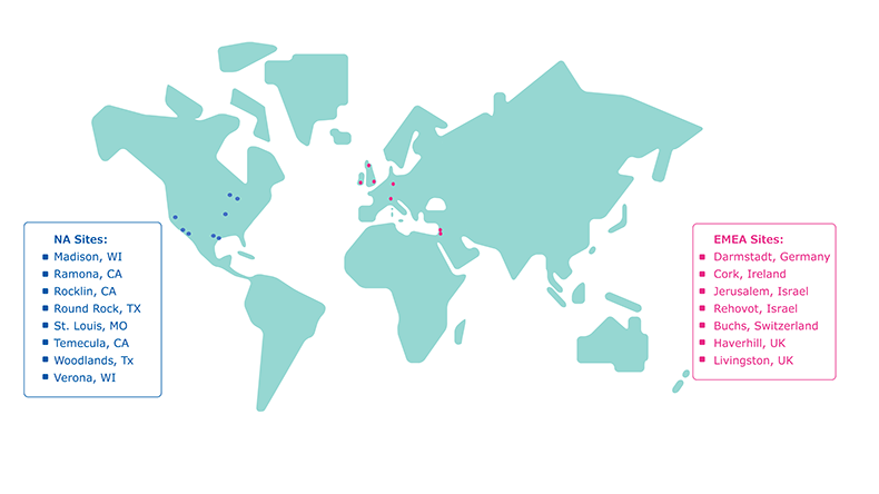 world map showing major North American and European and Middle Eastern IVD assay component development and manufacturing sites