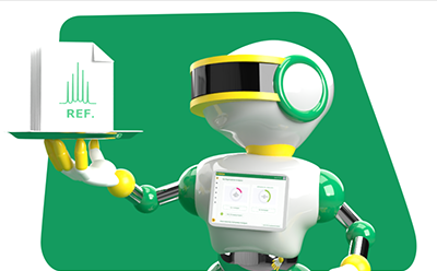 A 3D-rendered robot with a white body, yellow arms, and green accents is holding a tray in its left hand. On the tray, there is a bar graph with the label “R.E.F.” The robot also has a screen on its chest displaying three green battery icons and two curved lines resembling a Wi-Fi signal. The background is green with a slight gradient effect.