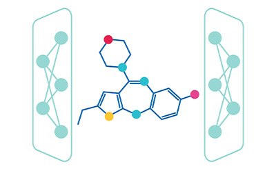 The image depicts a digital illustration of a molecular structure situated between two smartphone screens, symbolizing the intersection of technology and chemistry. The molecule is composed of atoms represented by spheres in shades of light blue, red, pink, and yellow, connected by lines that illustrate the bonds between them.