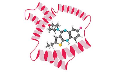 The image illustrates a molecule with a complex structure, encircled by a pink ribbon-like shape. It features atoms in shades of gray, blue, red, and yellow, connected by sticks to represent bonds.