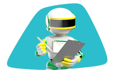 这是一幅风格化的插图，画中的机器人以白色和绿色为主色调，右手拿着一架纸飞机。机器人的头部是圆形的，有一个类似遮阳板的眼睛，身体似乎是由各种几何形状组成的。背景是简单的蓝色，四角呈圆形。