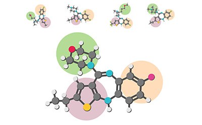 The image features a complex organic molecule with various atoms depicted as colored spheres linked by lines to represent bonds. Surrounding the central molecule are smaller atom clusters, possibly functional groups or fragments, each highlighted with a distinct colored background to differentiate the molecule’s parts or types.