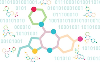 The image is an artistic representation of colorful molecular structures superimposed on a background of binary code, highlighting the fusion of biology and digital technology. The molecules, depicted in green, blue, red, yellow, and orange, symbolize various atoms and bonds, while the binary code background suggests the field of bioinformatics.