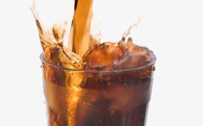 A dynamic scene of a cola being poured into a glass filled with ice cubes, creating a lively splash and showcasing the drink’s fizzy nature