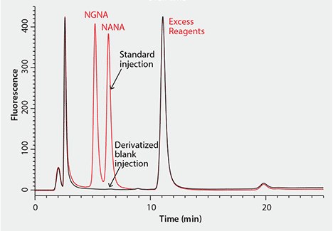 A representative chromatogram of High-Performance Liquid Chromatography (HPLC) separation of DMB-labeled sialic acids. The graph shows ‘Fluorescence’ on the y-axis and ‘Time (min)’ on the x-axis. There are four distinct peaks labeled ‘NGNA,’ ‘NANA,’ ‘Standard injection,’ and ‘Excess Reagents.’ The peaks for NGNA and NANA appear early, followed by a larger peak for Standard injection, and a very large peak for Excess Reagents towards the end. The chromatogram was obtained using an Ascentis® C18 column with specific conditions: 15 cm × 2.1 mm I.D., 3 µm (Product No. 581302-U); mobile phase: water:acetonitrile:methanol (84:9:7); gradient: isocratic, 25 minute run time.