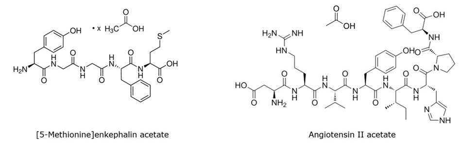 Chemical structures of methionine enkephalin acetate,and angiotensin II acetate peptides in HPLC standard mix.