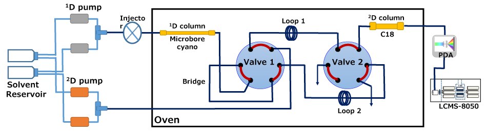 A schematic representation of an instrument setup for RP-LC×RPLC-PDA-MS analysis, featuring a combination of components in a clear and organized layout. On the left side, there are two pumps labeled "1D pump" and "2D pump," both connected to a solvent reservoir, which is illustrated in light blue and orange, respectively. The pumps lead to an "Injecto" component, which is positioned above a narrow "1D column" labeled in yellow, indicating its role in the first dimension of the analysis. The diagram also includes two circular valves, marked as "Valve 1" and "Valve 2," connected by blue lines that represent fluid pathways. These valves manage the flow between two loops, labeled "Loop 1" and "Loop 2," which are positioned centrally in the image. To the right, a "2D column" with a "C18" label connects to a "PDA" (Photodiode Array) detector, leading to an "LCMS-8050" unit, shown in a gray box. 