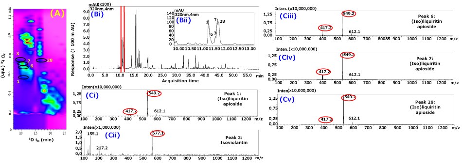 A composite of several analytical plots and spectra related to the RP-LC×RP-LC-PDA-MS analysis of licorice extract. On the left, section (A) shows a contour plot focusing on a time interval from 7.5 to 25 minutes, highlighting the separation of peaks 1, 3, 6, 7, and 28. This plot features a colorful background with distinct contours marking different compounds. To the right, section (Bi) presents a 1D-LC chromatogram of the licorice extract, displaying a series of peaks over time, with the x-axis labeled as acquisition time and the y-axis showing response. An inset labeled (Bii) expands a rectangular region from (Bi), providing a closer view of peaks around 10 to 13 minutes. Below, sections (Ci), (Cii), (Ciii), (Civ), and (Cv) display mass spectra for peaks 1, 3, 6, 7, and 28, respectively. Each spectrum includes a series of vertical lines representing ion intensities at different mass-to-charge ratios (m/z), with key ions circled in red. 