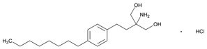 Chemical structure diagram featuring a benzene ring connected to an eight-carbon chain with alternating single and double bonds, ending in an amine group (NH2) bonded to a carbon atom that also has two hydroxyl groups (OH), accompanied by hydrochloric acid (HCl).