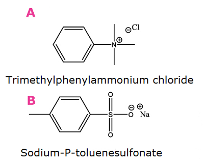 Two compounds used as markers for ion exchange are shown. On the top is the chemical structure of trimethylphenylammonium chloride, labeled A for cationic probe with positively charged nitrogen atom. Bottom shows the chemical structure of sodium-P-toluenesulfonate, labeled B for anionic probe with negatively charged oxygen.