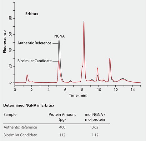 Graphical representation of NGNA content comparison between Erbitux and its biosimilar candidate. The graph displays two overlaid chromatograms with peaks indicating NGNA levels. The ‘Erbitux’ chromatogram shows higher peaks compared to the ‘Biosimilar Candidate,’ suggesting a quantitative difference in NGNA content. Below the graph, a table titled ‘Determined NGNA in Erbitux’ lists the sample, protein amount, and mol NGNA/mol protein ratios for both Erbitux and the biosimilar candidate.