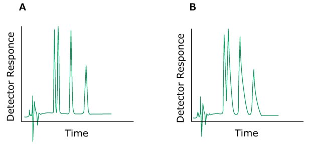 Two HPLC chromatograms labeled A and B, plotted with detector response on the y-axis and time on the x-axis. The chromatogram on the left (labeled A) displays normal peaks colored in green. In contrast, the chromatogram on the right (labeled B) exhibits green-colored peaks, indicating the issue of a tailing peaks.