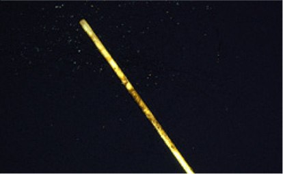 An image of a long, thin, yellowish rod or stick against a dark background. The rod appears to be illuminated, highlighting its surface texture, which shows some irregularities. Small particles or specks of light are visible around the rod, suggesting either dust or a mist in the air, creating a sense of depth in the image. The overall composition emphasizes the rod's length and the contrast between its color and the dark backdrop.