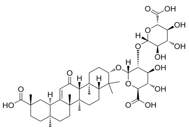 Chemical structure of glycyrrhizic acid showing its triterpenoid backbone and attached sugar moieties.