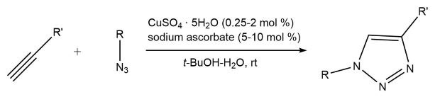 A chemical reaction diagram illustrating the synthesis of a compound. On the left, two reactants are shown: a linear molecule with a variable group R' and an azide group (N3) attached to another variable group R. The reaction conditions are specified in the center, including the use of copper sulfate pentahydrate (CuSO4·5H2O) at a concentration of 0.25-2 mol % and sodium ascorbate at 5-10 mol %. The reaction occurs in a solvent mixture of t-butanol and water at room temperature (rt). On the right, the product is depicted, featuring a six-membered ring with two nitrogen atoms and variable groups R and R'.