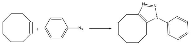 环辛炔和苯基叠氮化物之间的化学反应，得到产物1-苯基-4,5,6,7,8,9-六氢-1H-环辛二烯[d][1,2,3]三唑，其中显示了相关化合物的键线式结构式。