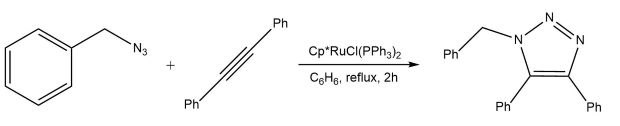 A chemical reaction diagram illustrating the synthesis of a compound. On the left, a phenyl azide (with the azide group N3 attached to a phenyl ring) is shown alongside a linear alkyne with a phenyl group (Ph) at both ends. The reaction conditions are detailed in the center, indicating the use of a catalyst, cyclopentadienyl ruthenium chloride (Cp*RuCl(PPh3)2), in the solvent toluene (C6H6) under reflux for 2 hours. On the right, the resulting product is depicted, featuring a six-membered ring with three nitrogen atoms and two phenyl groups attached.