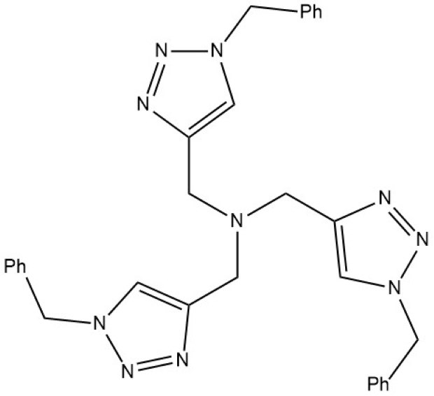 A chemical reaction scheme depicting the synthesis of a compound. On the left, two reactants are illustrated: a linear alkyne represented by "R'" and another molecule with an azide group (N3) attached to a variable group "R." The center of the image details the reaction conditions, specifying the use of copper sulfate pentahydrate (CuSO4·5H2O) at a concentration of 0.25-2 mol % and sodium ascorbate at 5-10 mol %. The reaction is conducted in a solvent mixture of t-butanol and water (t-BuOH-H2O) at room temperature (rt). On the right, the resulting product is shown, which features a six-membered ring containing two nitrogen atoms and the variable groups "R" and "R'."