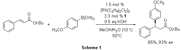 tert-butyl cinnamate was converted to (S)-tert-butyl 3-(4-methoxyphenyl)-3-phenylpropanoate in the presence of the Rh(I)-1 complex