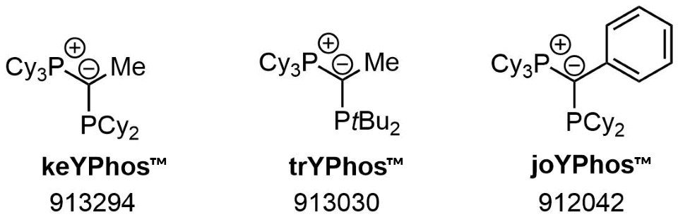 A diagram displaying three chemical structures labeled as keYPhos (913294), trYPhos (913030), and joYPhos (912042). Each structure features a phosphine group with various substituents, including a cyano group (Cy3P), a methyl group (Me), and a phenyl group (Ph) in the case of joYPhos. The structures indicate different configurations of the phosphine ligands.