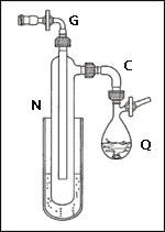 Storage and reaction flask via a bent adapter is connected to a cold-trap equipped with a connecting adapter (in-line with glass stopcock).