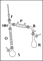 A storage flask connected to a Vigreux distilling column, 3-way connecting adapter, thermometer adapter, Liebig condenser, vacuum distillation adapter, and a reaction and storage flask.