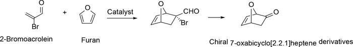 Chemical reaction scheme illustrating the synthesis of chiral 7-oxabicyclo[2.2.1]heptane derivatives from 2-bromoacrolein and furan using a catalyst. The process involves multiple steps and highlights the role of catalysis in forming complex organic molecules.