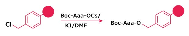 Attachment of Boc‑amino acids to Merrifield resin using cesium salt activation Procedure showing Boc‑amino acid conversion to its cesium salt, resin pre‑swelling, and coupling to Merrifield resin in DMF at 50 °C with optional KI catalyst.