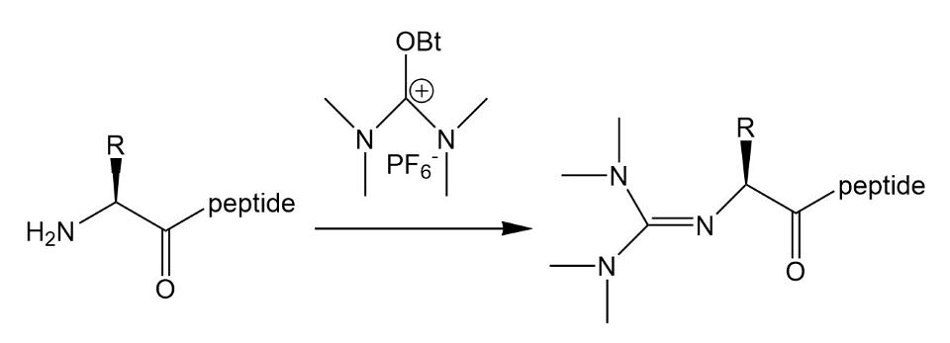 A chemical reaction depicting a peptide undergoing guanidinylation, addition of guanidinium group, in the presence of a uronium-based peptide coupling reagent.