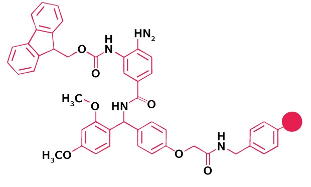 Chemical structure of a dimethoxy-substituted aryl amide linker used for peptide attachment in Fmoc solid-phase peptide synthesis.