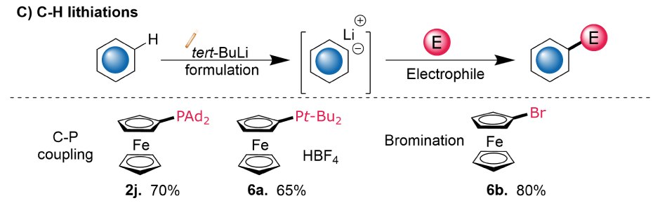 Diagram of t-BuLi C–H lithiation showing nucleophile formation, C–P coupling, and bromination with key substrates and yields. Top: H–Li nucleophile formation; bottom: C–P coupling (2j 70%, 6a 65%) and bromination (6b 80%).