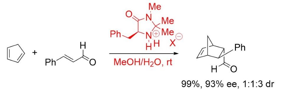 Reaction of the activated iminium ion, formed through condensation of the imidazolidinone and an α,β-unsaturated aldehyde, with various dienes to yield [4+2]-cycloadducts in excellent yields and enantioselectivities.