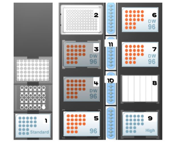 Hamilton Microlab STARlet deck layout with consumables. A representation of a Hamilton® Microlab® STARlet deck layout with consumables arranged on a dark gray background. The layout includes multiple sections, each labeled with numbers and containing consumable items in distinct configurations. On the left, there is a column with smaller illustrations of consumable trays, including a "Standard" tray at the bottom in blue with rectangular wells. To the right, a grid layout is shown, with positions numbered from 1 to 11. Positions 2, 6, and 9 feature blue trays labeled "DW 96" with a grid of light blue wells. Positions 3, 4, 5, and 7 contain orange well configurations within similarly labeled "DW 96" trays, with varying orientations and arrangements of the orange wells. Position 8 shows empty slots with no wells, while positions 10 and 11 feature tall, vertical blue racks with cylindrical containers or tubes.