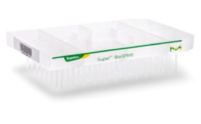 Supel BioSPME device A rectangular plastic construction that holds 96 thin, white, needle-like pins extending from the bottom. The device has a label on the side, featuring the brand name Supelco and the product name BioSPME. There is also a barcode on one side of the tray. The overall appearance is clean and white, designed for use in scientific or laboratory settings.