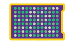 A colorful rectangular design featuring an array of green and white dots arranged in rows on a rich purple backdrop, encased within a bold yellow and green outline which is a representation of high-throughput Target detection