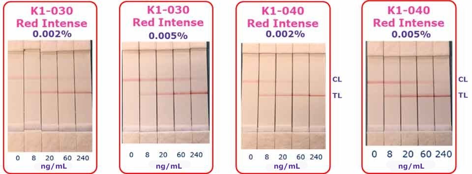 Lateral flow test strip comparison of Estapor<sup>®</sup> Red Intense microspheres at 0.005% or 0.002% conjugate concentration using the model HBsAg antigen assay. 