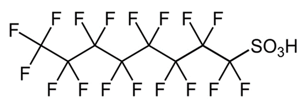 Chemical structure of perfluorooctanesulfonic acid (PFOS). It consists of a fully fluorinated carbon chain (eight carbon atoms) where each carbon is bonded to fluorine atoms. At one end of the chain, there is a trifluoromethyl group. The opposite end of the chain is connected to a sulfonic acid group.