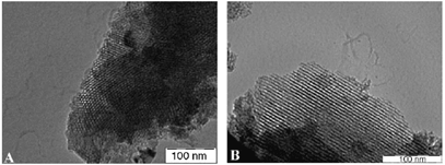 (TEM) image of 40.1 Si/Zr sample showing hexagonal ordering and pore retention