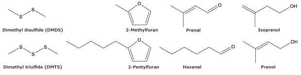 Chemical structures of characteristic compounds produced by insects during their larval stage.