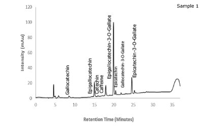 Chromatogram of green tea sample 1 plotted between intensity and retention time showing labeled peaks of gallocatechin, epigallocatechin, catechin, caffeine, epigallocatechin-3-O-gallate, epicatechin, gallocatechin-3-O-gallate, and epicatechin-3-O-gallate