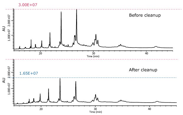 Cow’s milk extract before and after cleanup with Z-Sep Two chromatograms comparing cow’s milk extract before and after cleanup using Z-Sep, plotted on a shared X-axis labeled "Time (min)" ranging from 10 to 45 minutes. The Y-axis, labeled "AU," represents absorbance units on a logarithmic scale from 1.00E+07 to 3.00E+07, consistent across both graphs. The upper chromatogram, labeled "Before cleanup," shows numerous sharp and intense peaks, particularly between 25 and 35 minutes, with the most prominent peaks reaching the top of the Y-axis at 3.00E+07. This indicates a highly complex mixture containing significant interfering compounds. The lower chromatogram, labeled "After cleanup," reveals a cleaner profile with fewer peaks and reduced intensity, the tallest peaks reaching approximately 1.65E+07. The reduction in peak density and height after cleanup highlights the effectiveness of Z-Sep in removing impurities and simplifying the sample matrix for GC-MS analysis.