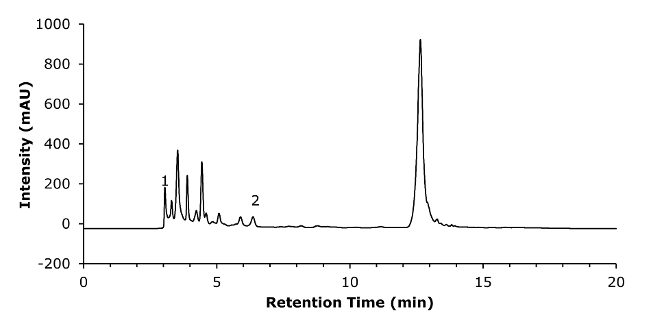 A chromatogram graph depicting the analysis of a smoke beer sample. The x-axis, labeled "Retention Time (min)," ranges from 0 to 20, while the y-axis, labeled "Intensity (mAU)," ranges from -200 to 1000. The chromatogram line, displayed in black, rises from the baseline at around 3.1 minutes, where a small peak labeled "1" appears, indicating the void volume. A larger peak, labeled "2," is observed at 6.4 minutes, representing HMF. The curve fluctuates with multiple smaller peaks before and after the main peak, indicating the presence of various compounds in the sample.