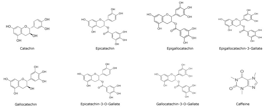 Chemical structures of catechins and caffeine in two rows. The first row from left to right shows catechin, epicatechin, epigallocatechin, and epigallocatechin-3-O-gallate. The second row from left to right shows, gallocatechin, epicatechin-3-O-gallate, gallocatechin-3-O-gallate, and caffeine.