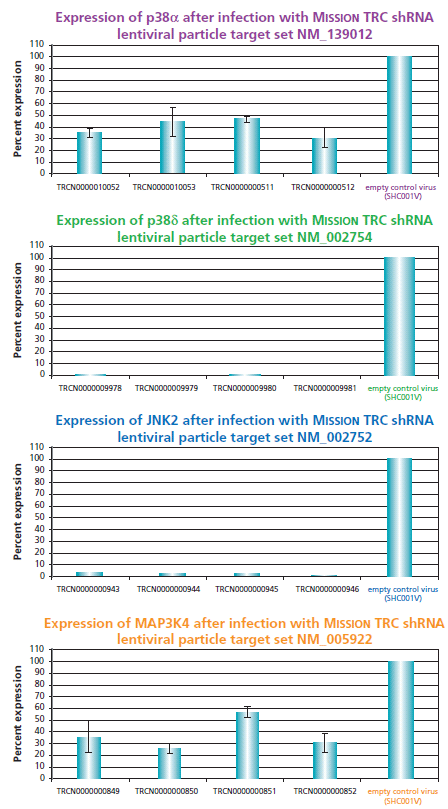 MISSION TRC shRNA lentiviral particle target sets directed toward p38a, p38d, JNK2, and MAP3K4