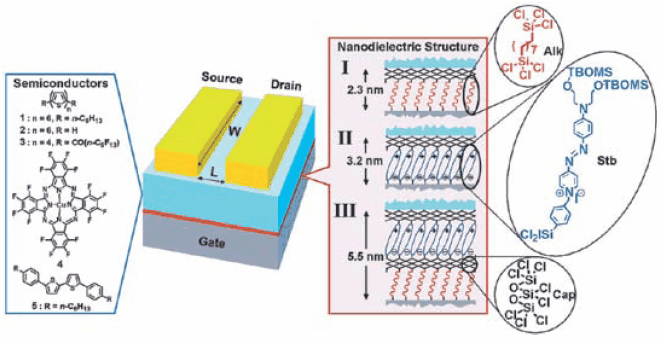 Modification of a gold gate electode for the surface initiated polymerization reaction to grow a dielectric layer.