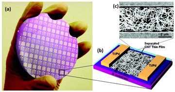 The wafer consists of CNT-TFTs (b) Schematic showing CNT-TFT (c) SEM image showing CNT network of IsoNanotubes-S TM (Figure was adapted from reference 13)  