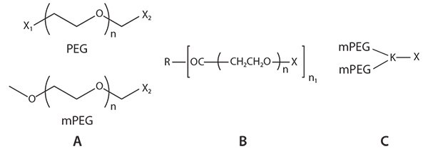 Common structures of PEGs: A) linear PEGs; B) multi-arm PEGs; and C) branched PEGs