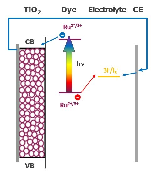 Schematic of electron pathway in a Dye-sensitized Solar Cells (DSC) system